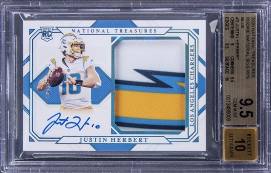 2020 Panini National Treasures Rookie Material Signatures Blue #RMS-JH Justin Herbert Signed Rookie Patch Card (#1/1) - BGS GEM MINT 9.5, BGS 10